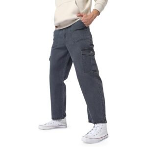 Men's Loose Mid Rise Baggy Fit Cargo Jeans with 6 Pockets Non-Stretchable
