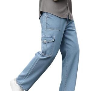 Men's Loose Mid Rise Baggy Fit Cargo Jeans with 6 Pockets Non-Stretchable