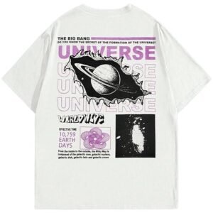 Back view of a white oversized t-shirt featuring a large cosmic graphic of Saturn, purple "UNIVERSE" typography, and "The Big Bang" text details.