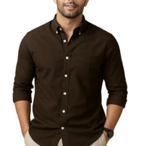 Men’s Dark Brown Premium Cotton Button-Down Shirt | Full Sleeve Slim Fit Casual & Semi-Formal Shirt with Single Chest Pocket | Soft,