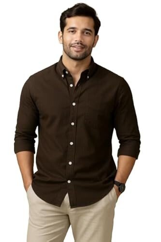 Men’s Dark Brown Premium Cotton Button-Down Shirt | Full Sleeve Slim Fit Casual & Semi-Formal Shirt with Single Chest Pocket | Soft,
