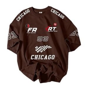 A dark brown oversized t-shirt featuring "CHICAGO" printed on the shoulders and chest, with racing-themed graphics including "FR," "RT Racing Team," the number "93," and a checkered flag pattern.