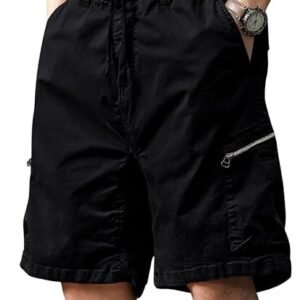 A pair of casual, black cargo-style shorts featuring an elastic waistband with a drawstring, side pockets, and a zippered pocket on the left leg, worn by a person with a wristwatch.