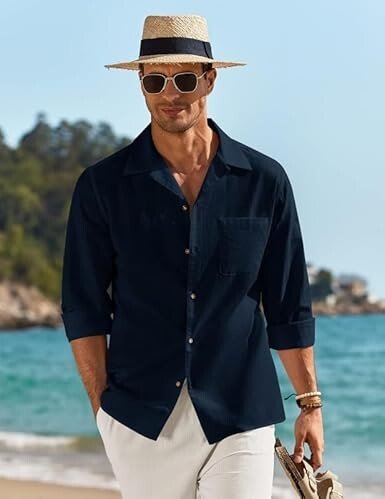 Casual Cotton Blend Shirt || Long Sleeve Button Down with Spread Collar | Lightweight Breathable Fabric | Stylish Solid Shirt for Beach, Office - Image 2