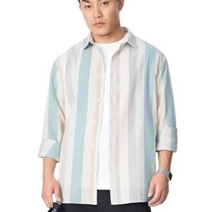 Cotton Linen Stripes: Prism Men and Boys Long Sleeve Collared Neck Button Front Regular Fit Cotton Linen Shirt
