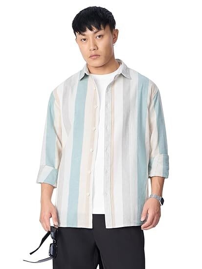 Cotton Linen Stripes: Prism Men and Boys Long Sleeve Collared Neck Button Front Regular Fit Cotton Linen Shirt