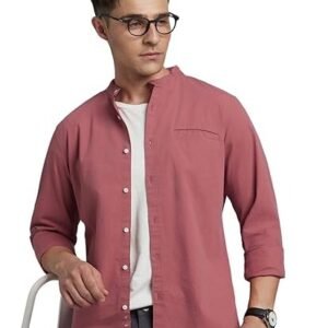 Men Cotton Solid Mandarin Collar Full Sleeves Regular Fit Casual Shirt