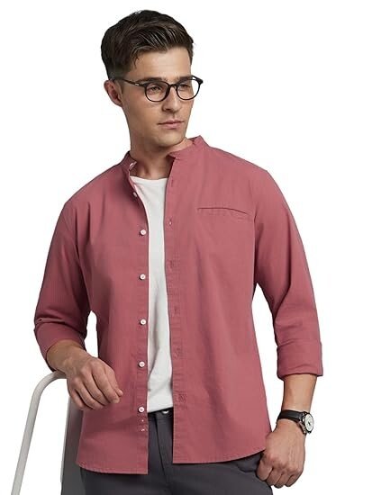 Men Cotton Solid Mandarin Collar Full Sleeves Regular Fit Casual Shirt