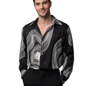 Men’S Long Sleeve Button Down Shirt, Lightweight Stylish Wave Pattern Poly Blend Casual Dress Shirt for Office Or Night Out
