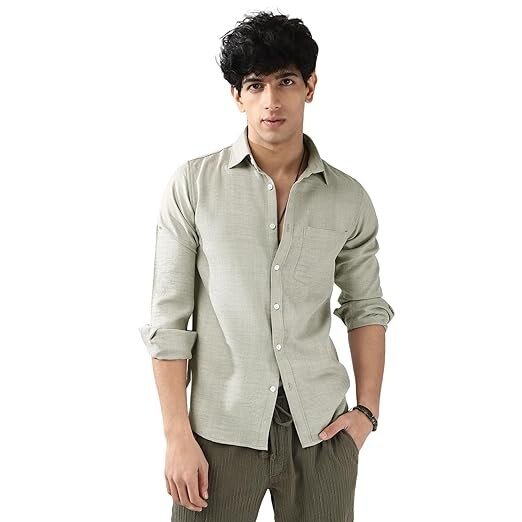 Fashion Men's Linen Blend Full Sleeve Relaxed Fit Casual Solid Shirt