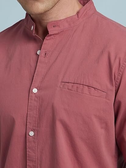 Men Cotton Solid Mandarin Collar Full Sleeves Regular Fit Casual Shirt - Image 3