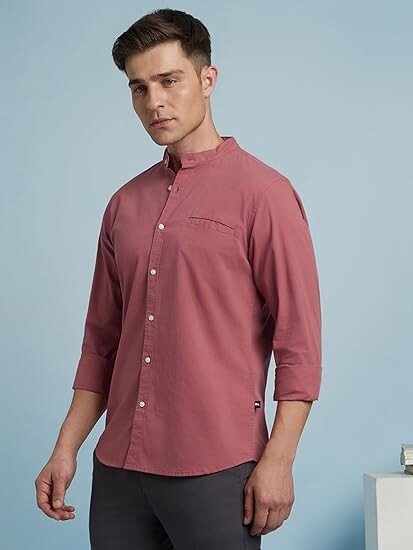 Men Cotton Solid Mandarin Collar Full Sleeves Regular Fit Casual Shirt - Image 2