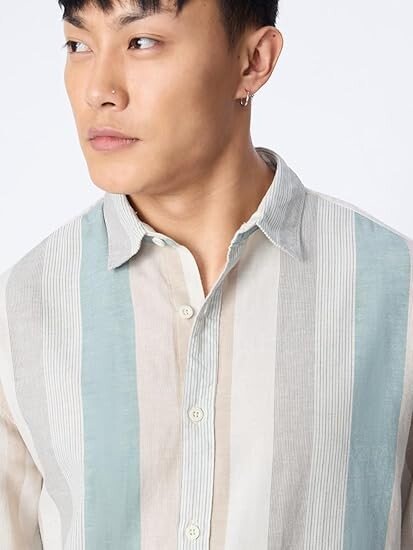 Cotton Linen Stripes: Prism Men and Boys Long Sleeve Collared Neck Button Front Regular Fit Cotton Linen Shirt - Image 2