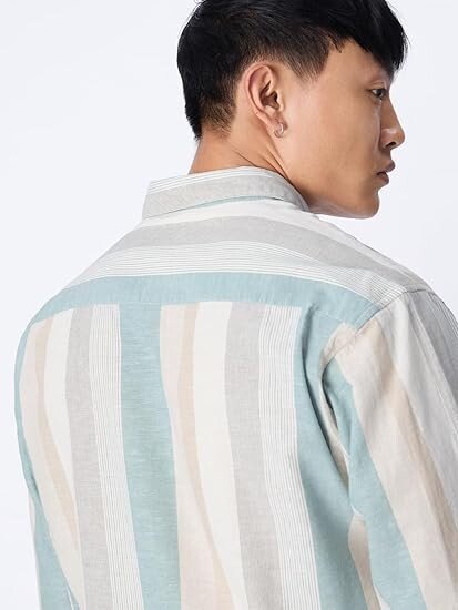 Cotton Linen Stripes: Prism Men and Boys Long Sleeve Collared Neck Button Front Regular Fit Cotton Linen Shirt - Image 3