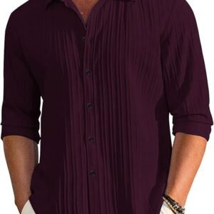 Men's Casual Button Down Shirts Long Sleeve Linen Shirt Fashion Textured Beach Summer Shirt