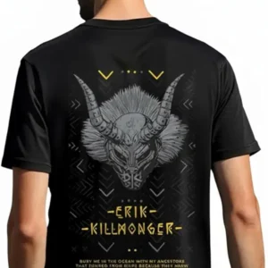 Rear view of a man in a black t-shirt featuring a detailed Erik Killmonger mask graphic.