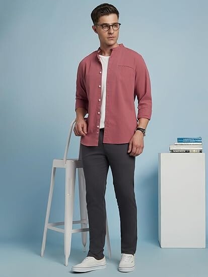 Men Cotton Solid Mandarin Collar Full Sleeves Regular Fit Casual Shirt - Image 4