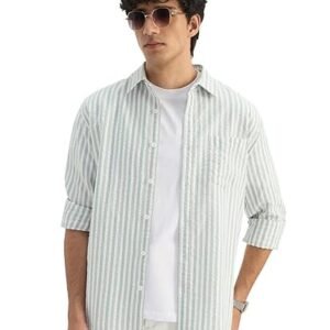 Men and Boys Long Sleeve Spread Collar White and Light Green Striped Cotton Regular Shirt
