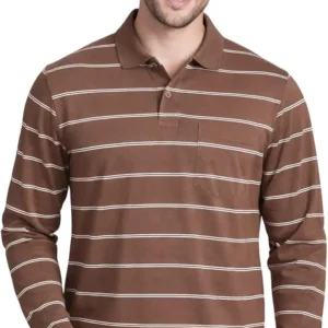 Front view of a man wearing a brown striped full sleeve polo t-shirt with a classic collar and casual fit.