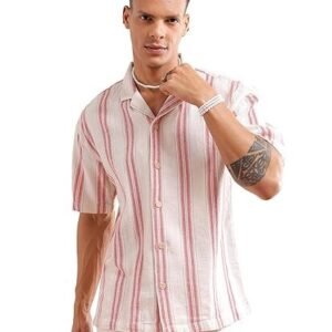 Men Relaxed Fit Striped Half Sleeves Cuban Collar Resort Wear Shirt