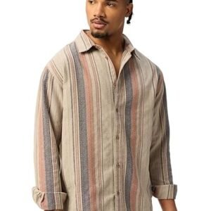 Men and Boys Long Sleeve Spread Collar Beige Striped Cotton Blend Lightweight Everyday Office Wear Easy to Style Casual Relaxed Shirt