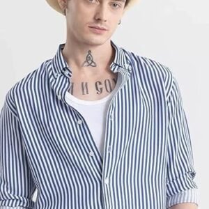 Men Premium Blue & White Vertical Striped Casual Shirt Slim Fit Full Sleeve Cotton Button Down Stylish Office Party Comfortable Breathable Lightweight Modern Fashion Shirt