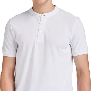 A man wearing a crisp white short-sleeved henley t-shirt with a buttoned band collar.