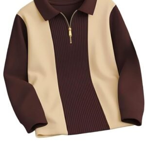 A long-sleeved knit polo shirt featuring a color-block design with chocolate brown sleeves, collar, and a ribbed center panel, contrasted by cream-colored side panels and a gold-tone quarter-zip.