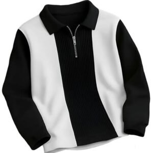 A long-sleeved quarter-zip knit polo shirt featuring a monochrome color-block design with black sleeves, collar, and a ribbed center panel, paired with crisp white side panels and a silver-tone zipper.