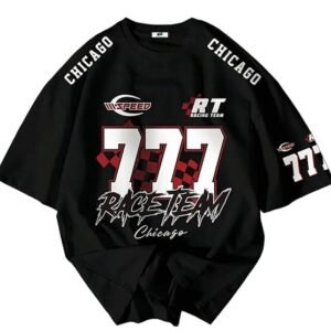 A flat lay of a black oversized t-shirt featuring "777 Race Team" graphics, checkered patterns, and "CHICAGO" printed on the shoulders.