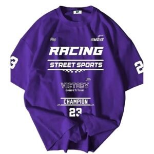 An oversized bright purple t-shirt featuring bold white racing-themed graphics including "RACING," "STREET SPORTS," "VICTORY COMPETITION," and the number "23."